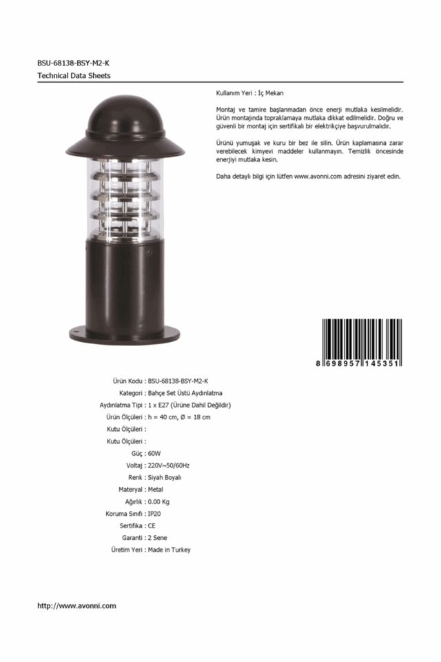 Bahçe Set Üstü Aydınlatma E27 12W 18cm Alüminyum Siyah Dorbien-BSU-68138-BSY-M2-K