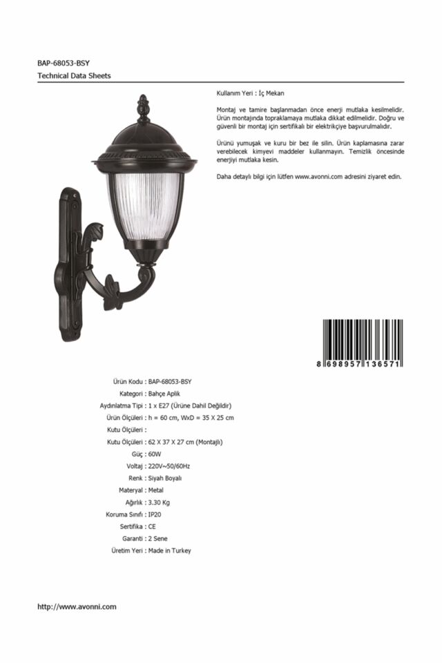 Bahçe Aplik E27 12W 35x25cm Alüminyum Siyah Dorbien-BAP-68053-BSY