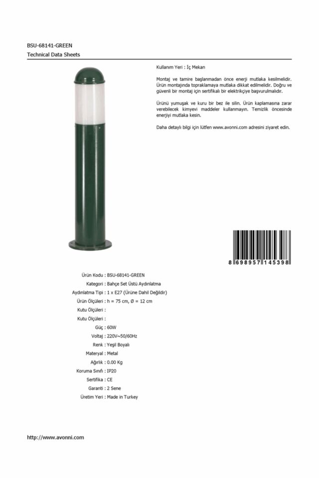 Bahçe Set Üstü Aydınlatma E27 12W 12cm Alüminyum Yeşil Dorbien-BSU-68141-GREEN