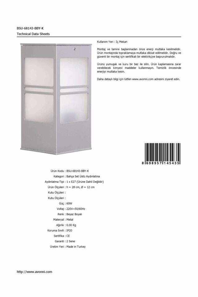 Bahçe Set Üstü Aydınlatma E27 12W 12cm Alüminyum Beyaz Dorbien-BSU-68143-BBY-K