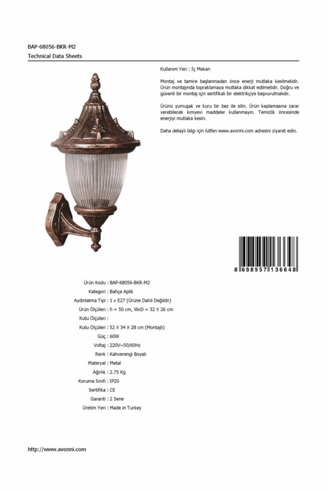 Bahçe Aplik E27 12W 32x26cm Alüminyum Kahverengi Dorbien-BAP-68056-BKR-M2