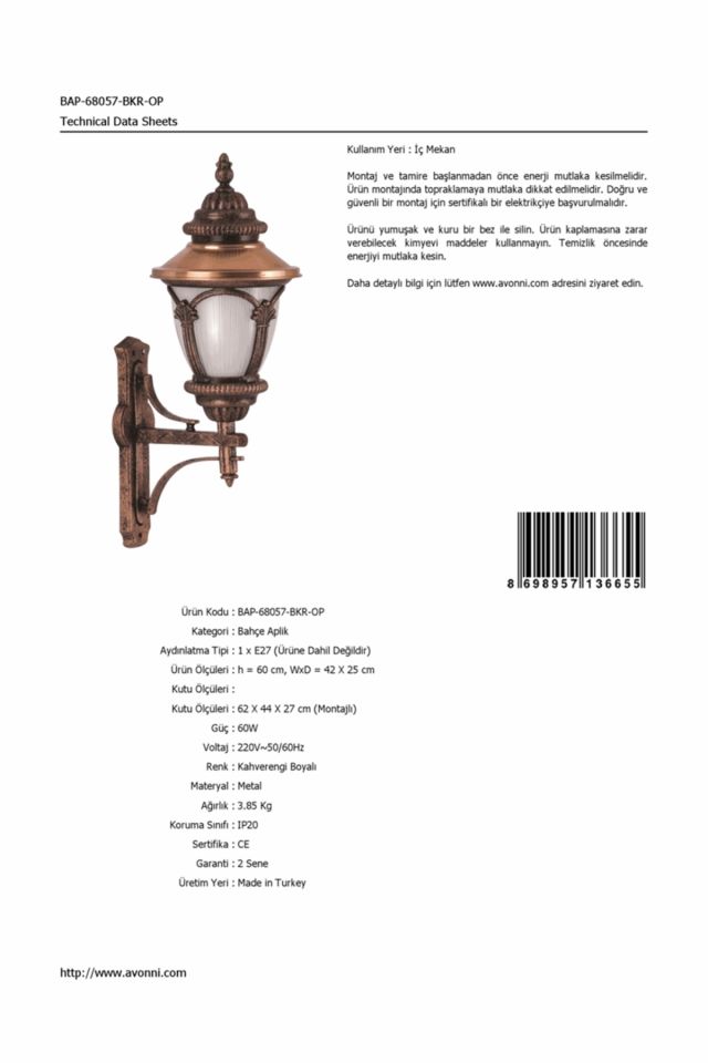Bahçe Aplik E27 12W 42x25cm Alüminyum Kahverengi Dorbien-BAP-68057-BKR-OP