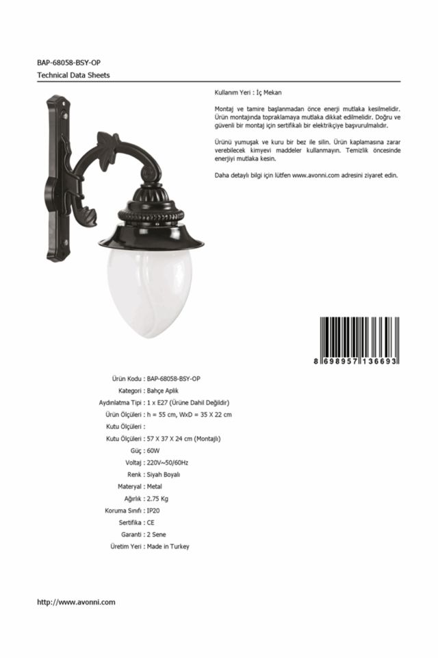 Bahçe Aplik E27 12W 35x22cm Alüminyum Siyah Dorbien-BAP-68058-BSY-OP