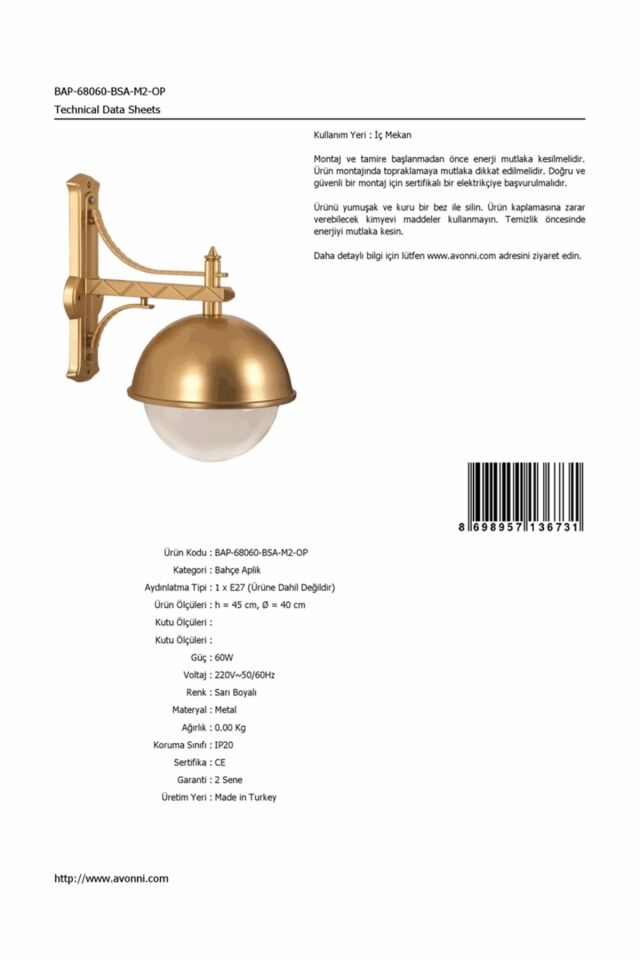Bahçe Aplik E27 12W 40cm Alüminyum Sarı Dorbien-BAP-68060-BSA-M2-OP