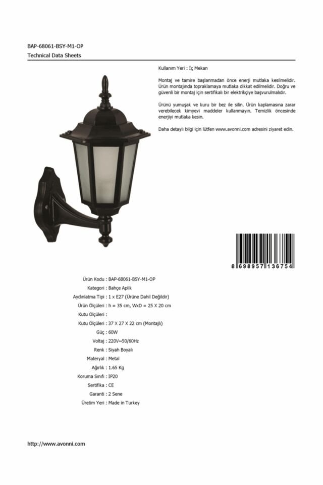 Bahçe Aplik E27 12W 25x20cm Alüminyum Siyah Dorbien-BAP-68061-BSY-M1-OP
