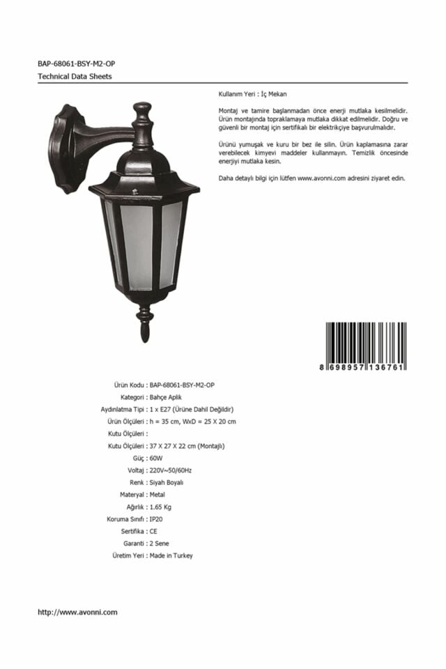 Bahçe Aplik E27 12W 25x20cm Alüminyum Siyah Dorbien-BAP-68061-BSY-M2-OP