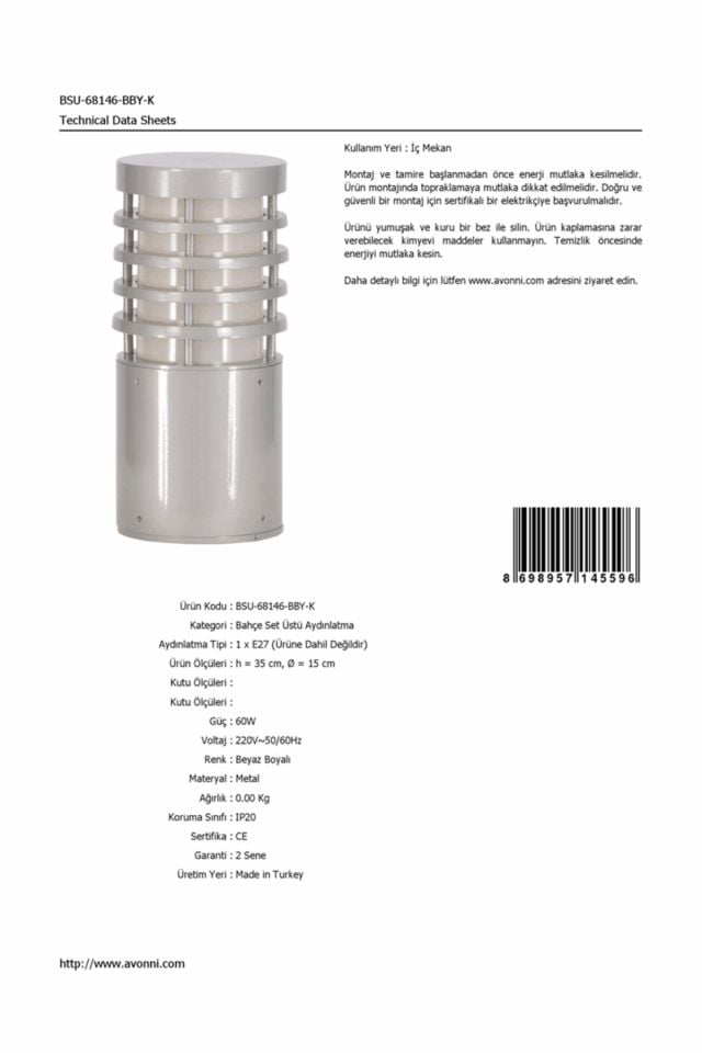 Bahçe Set Üstü Aydınlatma E27 12W 15cm Alüminyum Beyaz Dorbien-BSU-68146-BBY-K
