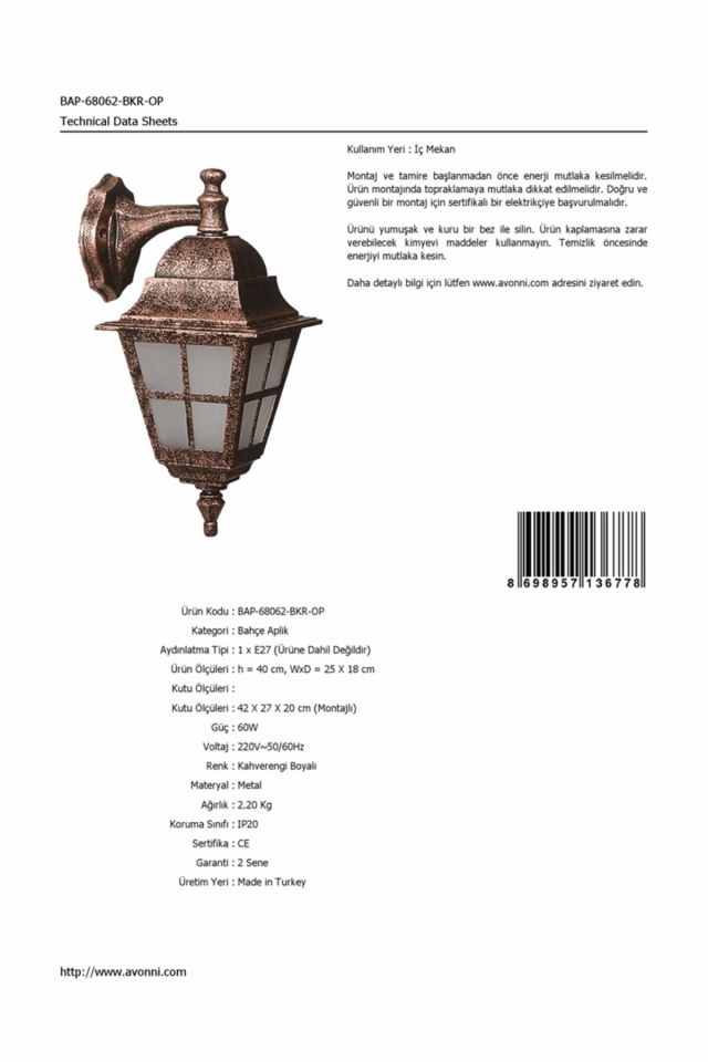 Bahçe Aplik E27 12W 25x18cm Alüminyum Kahverengi Dorbien-BAP-68062-BKR-OP