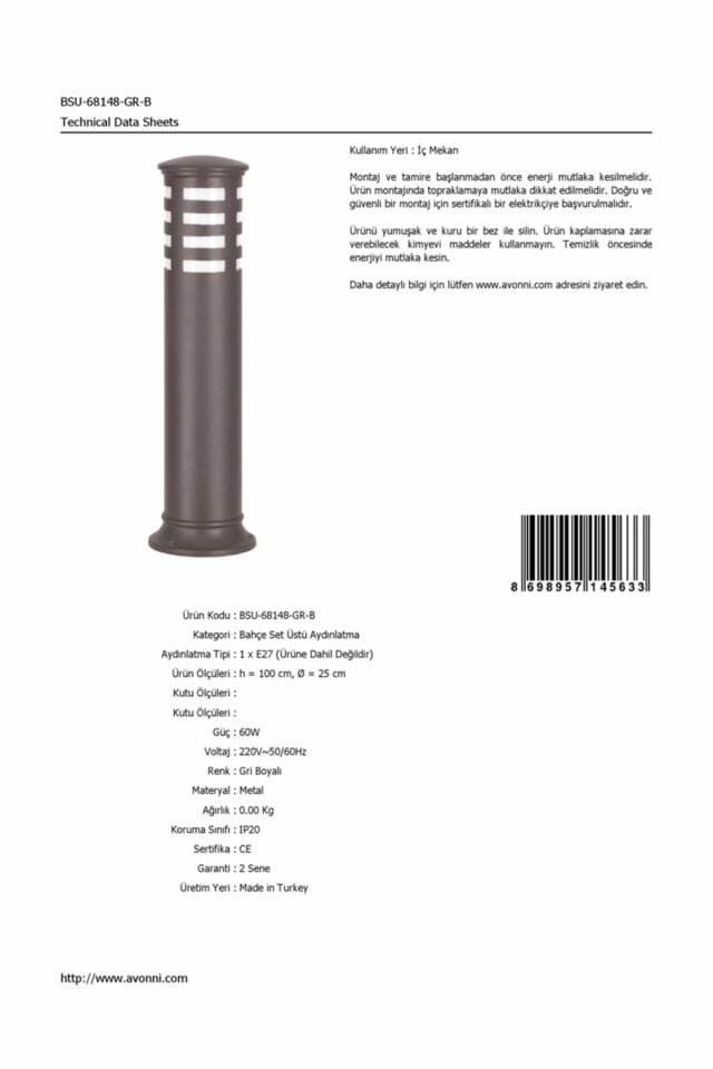Bahçe Set Üstü Aydınlatma E27 12W 25cm Alüminyum Gri Dorbien-BSU-68148-GR-B