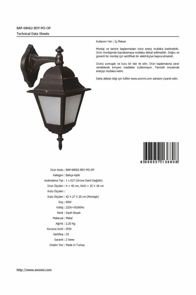 Bahçe Aplik E27 12W 25x18cm Alüminyum Siyah Dorbien-BAP-68062-BSY-M3-OP