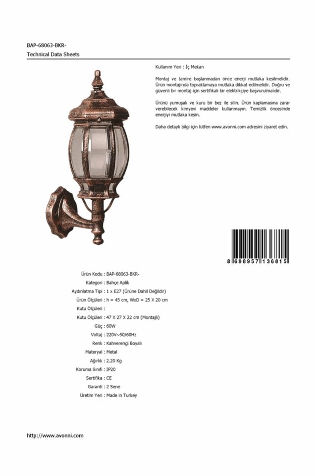 Bahçe Aplik E27 12W 25x20cm Alüminyum Kahverengi Dorbien-BAP-68063-BKR-