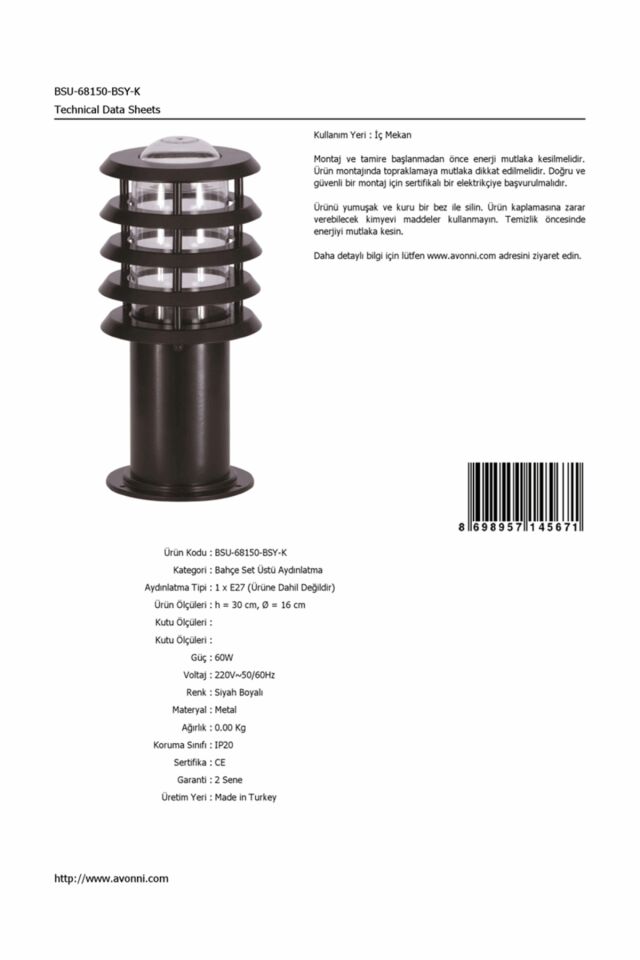 Bahçe Set Üstü Aydınlatma E27 12W 16cm Alüminyum Siyah Dorbien-BSU-68150-BSY-K