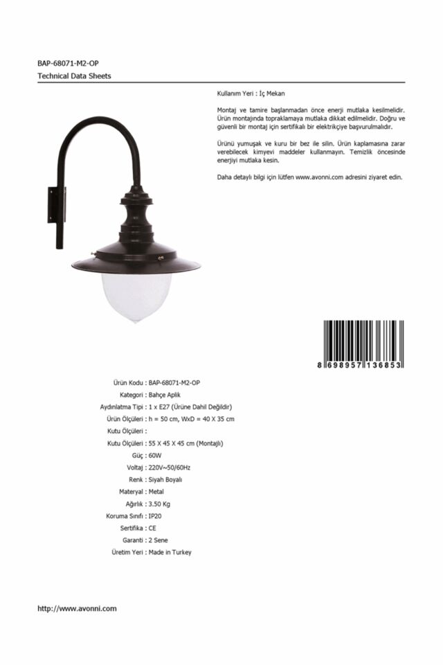Bahçe Aplik E27 12W 40x35cm Alüminyum Siyah Dorbien-BAP-68071-M2-OP