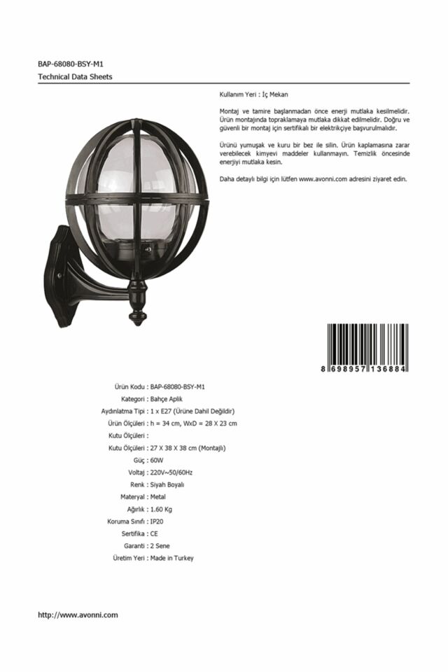 Bahçe Aplik E27 12W 28x23cm ABS Siyah Dorbien-BAP-68080-BSY-M1