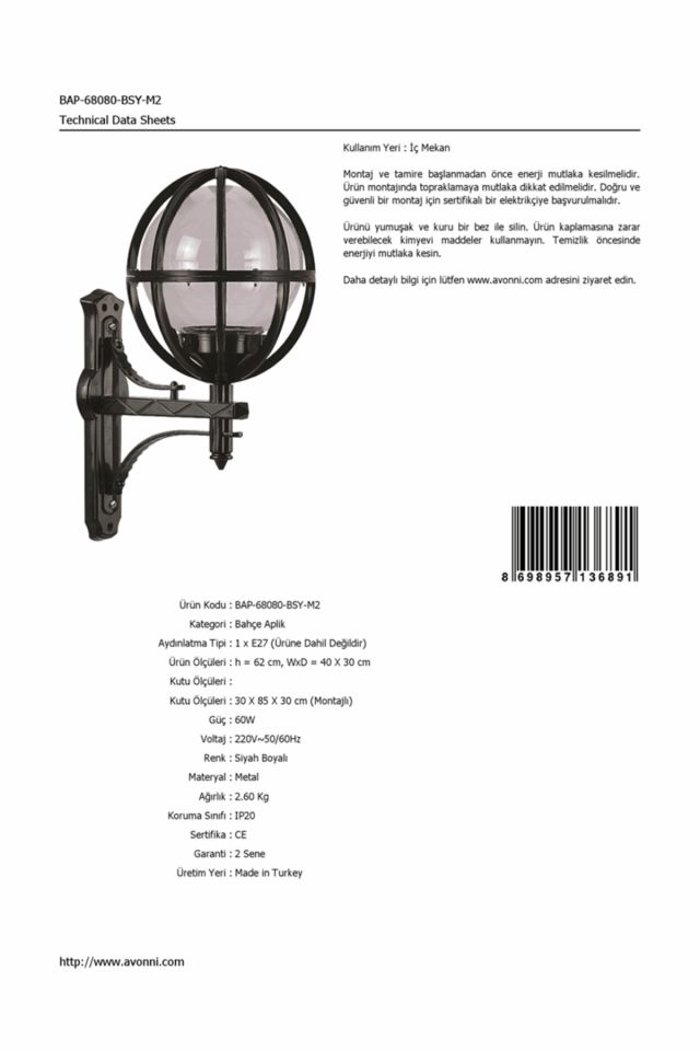 Bahçe Aplik E27 12W 40x30cm ABS Siyah Dorbien-BAP-68080-BSY-M2