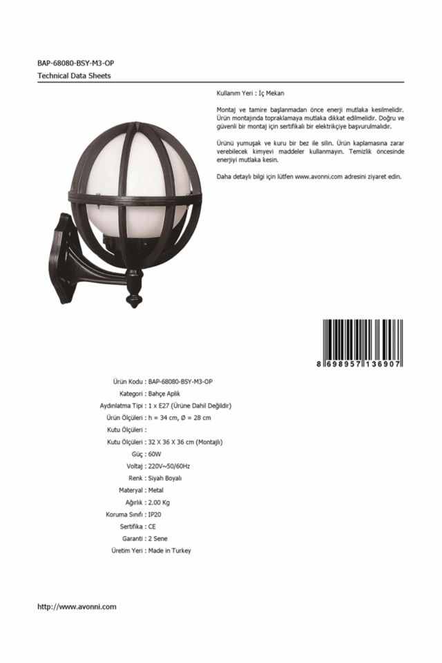 Bahçe Aplik E27 12W 28cm ABS Siyah Dorbien-BAP-68080-BSY-M3-OP