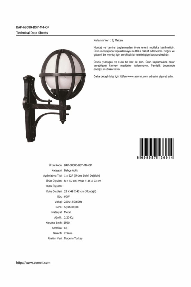 Bahçe Aplik E27 12W 35x23cm ABS Siyah Dorbien-BAP-68080-BSY-M4-OP