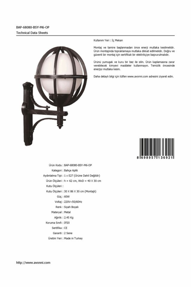 Bahçe Aplik E27 12W 40x30cm ABS Siyah Dorbien-BAP-68080-BSY-M6-OP