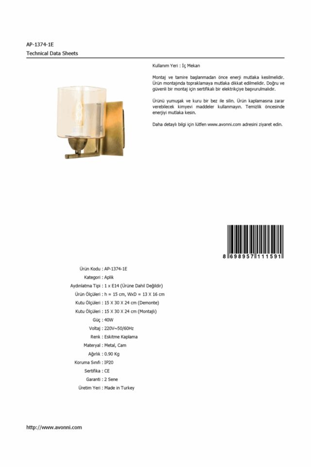 Sena Aplik E27 12W 13x16cm Metal Eskitme Avonni-AP-1374-1E