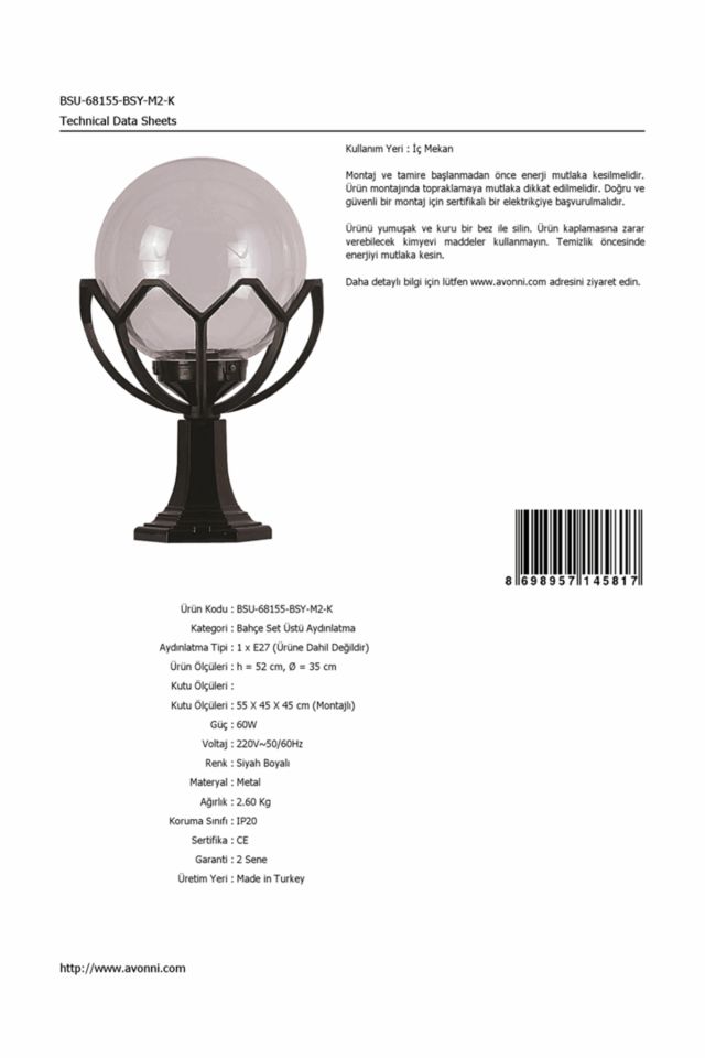 Bahçe Set Üstü Aydınlatma E27 12W 35cm ABS Siyah Dorbien-BSU-68155-BSY-M2-K