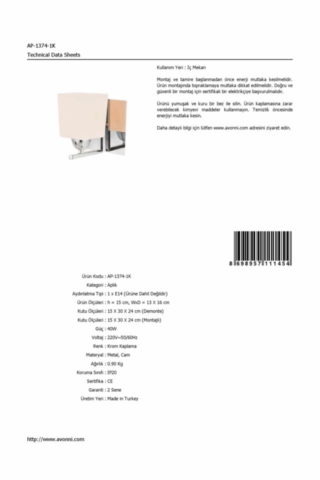 Sena Aplik E27 12W 13x16cm Metal Krom Avonni-AP-1374-1K