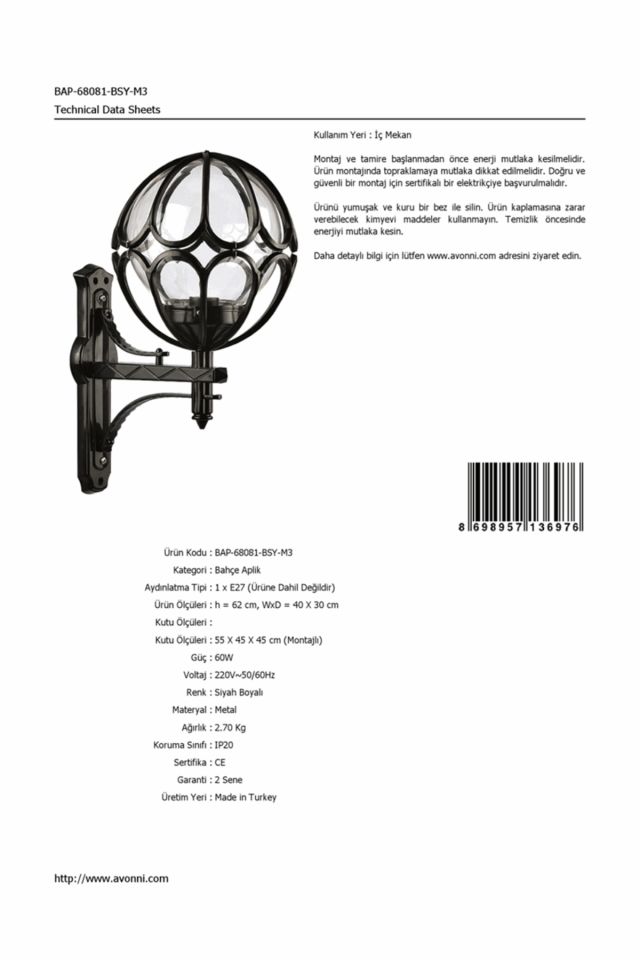 Bahçe Aplik E27 12W 40x30cm ABS Siyah Dorbien-BAP-68081-BSY-M3
