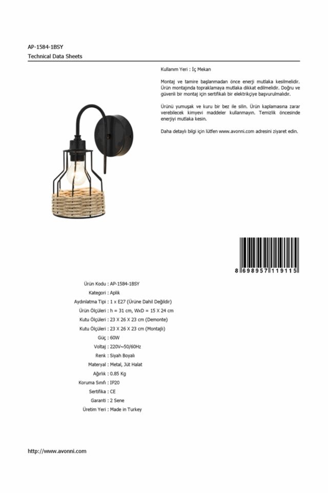 Hira Aplik E27 12W 15x24cm Metal Siyah Avonni-AP-1584-1BSY