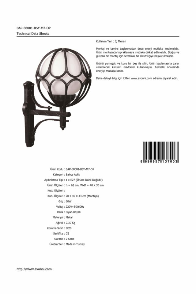 Bahçe Aplik E27 12W 40x30cm ABS Siyah Dorbien-BAP-68081-BSY-M7-OP