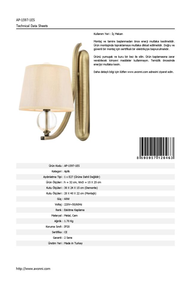 Dorinda Aplik E27 12W 15x25cm Metal Eskitme Avonni-AP-1597-1ES