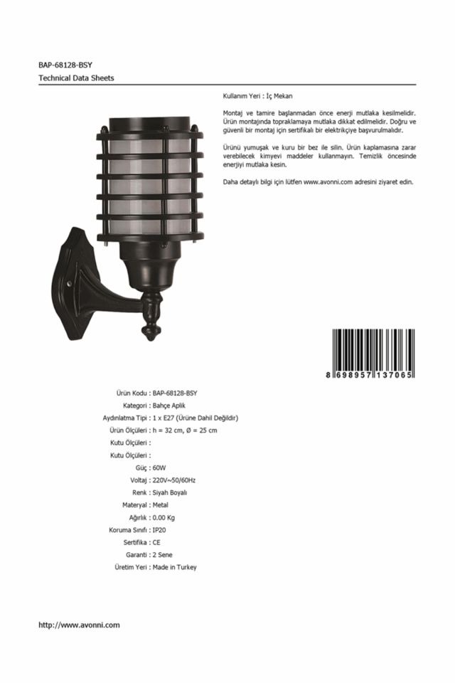 Bahçe Aplik E27 12W 25cm Alüminyum Siyah Dorbien-BAP-68128-BSY