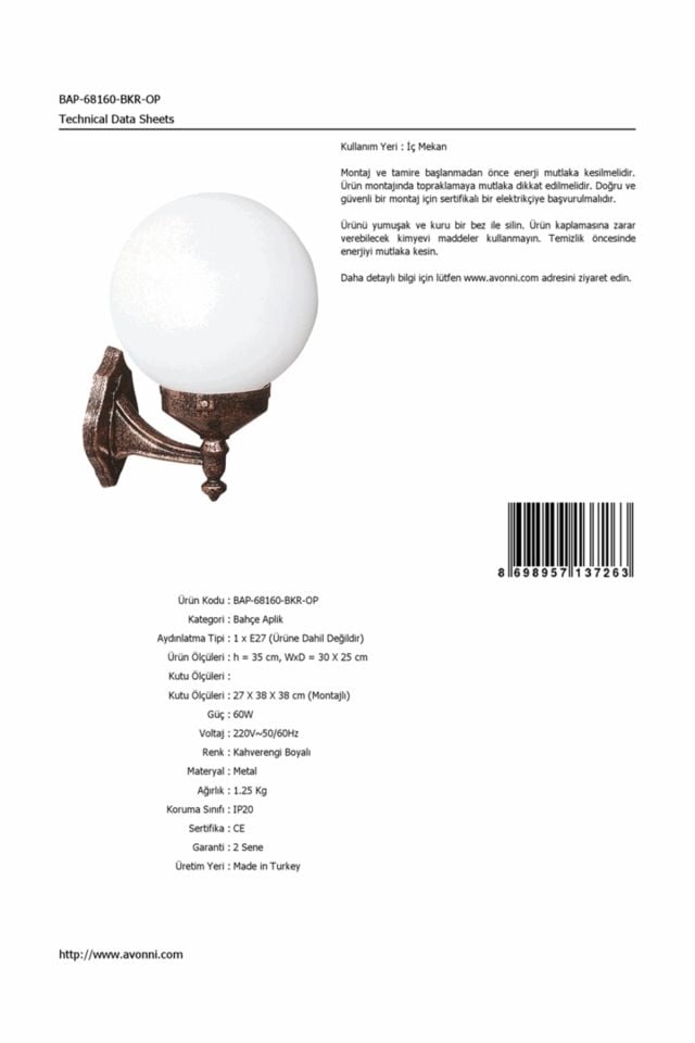 Bahçe Aplik E27 12W 30x25cm ABS Kahverengi Dorbien-BAP-68160-BKR-OP