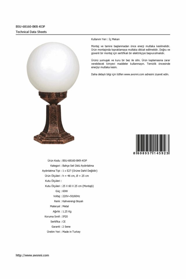 Bahçe Set Üstü Aydınlatma E27 12W 25cm ABS Kahverengi Dorbien-BSU-68160-BKR-KOP