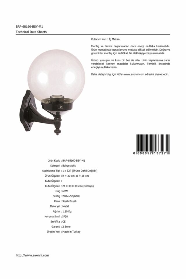 Bahçe Aplik E27 12W 25cm ABS Siyah Dorbien-BAP-68160-BSY-M1