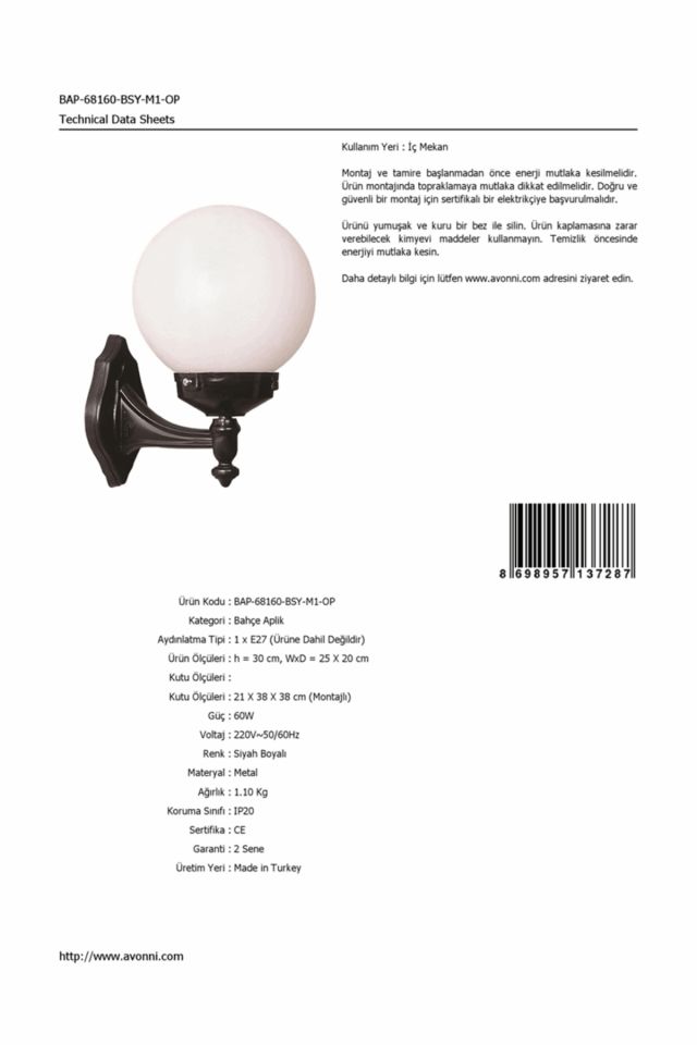 Bahçe Aplik E27 12W 25x20cm ABS Siyah Dorbien-BAP-68160-BSY-M1-OP