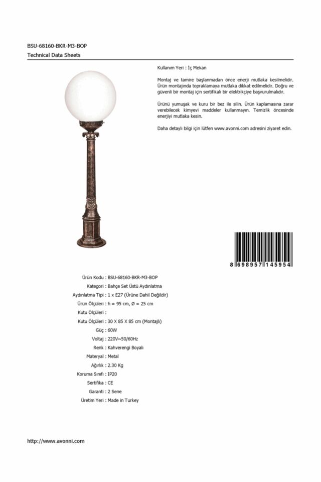 Bahçe Set Üstü Aydınlatma E27 12W 25cm ABS Kahverengi Dorbien-BSU-68160-BKR-M3-BOP