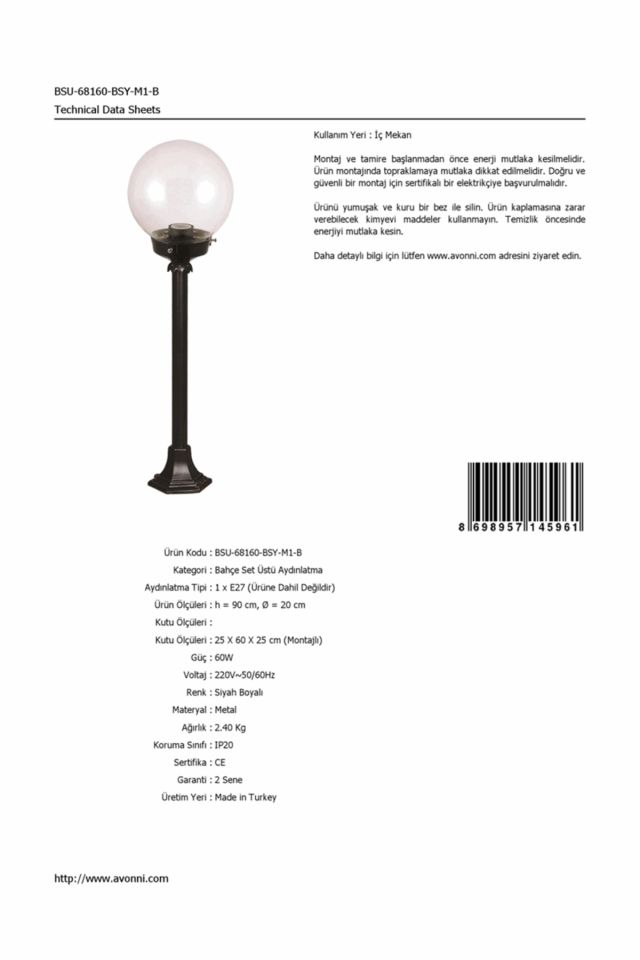 Bahçe Set Üstü Aydınlatma E27 12W 20cm ABS Siyah Dorbien-BSU-68160-BSY-M1-B