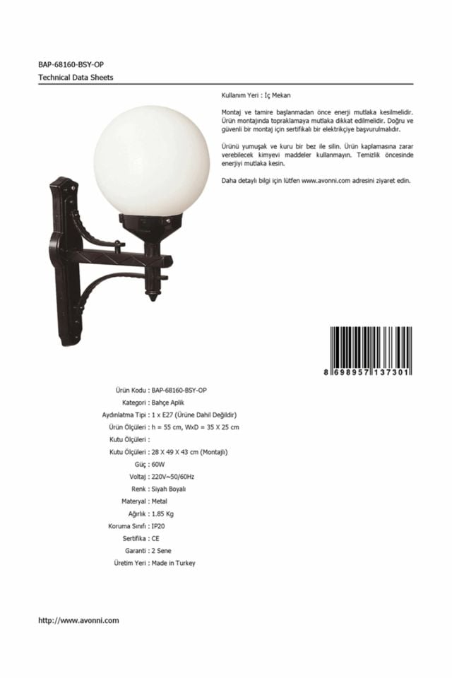 Bahçe Aplik E27 12W 35x25cm ABS Siyah Dorbien-BAP-68160-BSY-OP