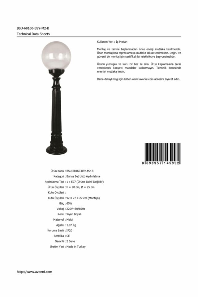 Bahçe Set Üstü Aydınlatma E27 12W 25cm ABS Siyah Dorbien-BSU-68160-BSY-M2-B