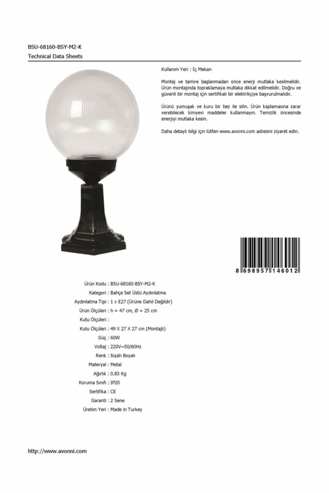 Bahçe Set Üstü Aydınlatma E27 12W 25cm ABS Siyah Dorbien-BSU-68160-BSY-M2-K