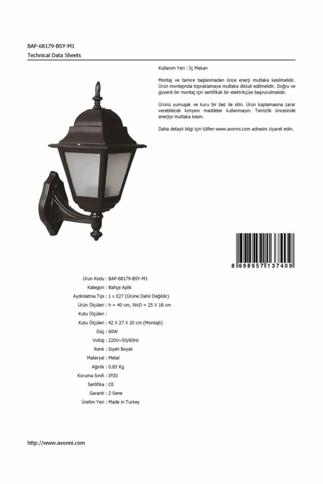 Bahçe Aplik E27 12W 25x18cm ABS Siyah Dorbien-BAP-68179-BSY-M1