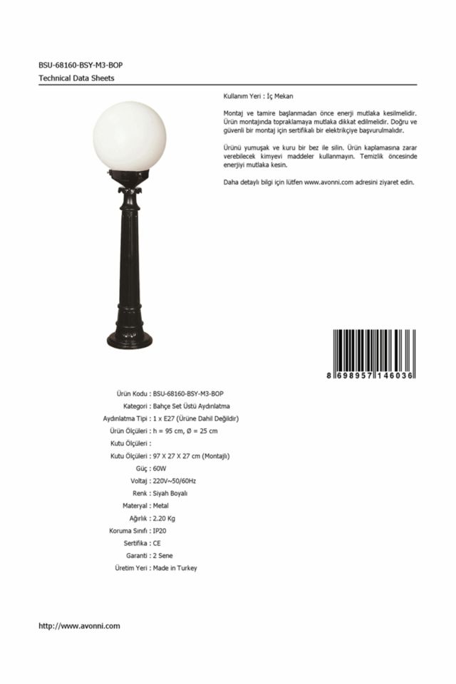 Bahçe Set Üstü Aydınlatma E27 12W 25cm ABS Siyah Dorbien-BSU-68160-BSY-M3-BOP