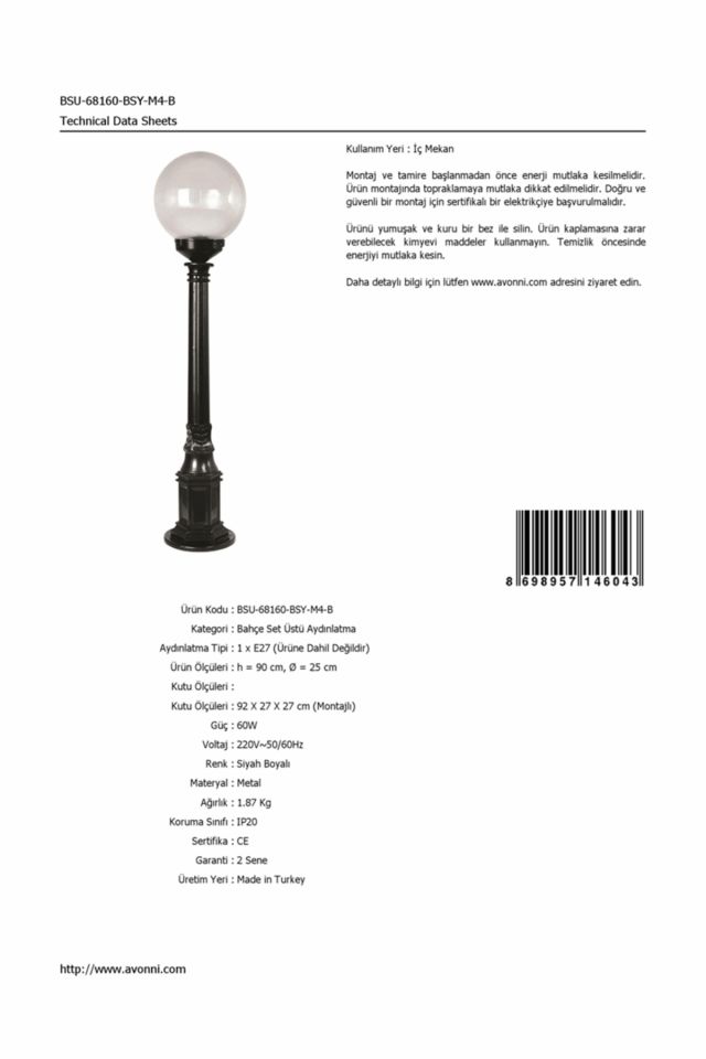 Bahçe Set Üstü Aydınlatma E27 12W 25cm ABS Siyah Dorbien-BSU-68160-BSY-M4-B