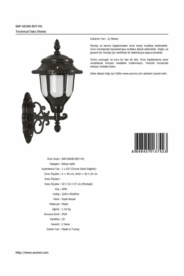 Bahçe Aplik E27 12W 30x25cm ABS Siyah Dorbien-BAP-68180-BSY-M1