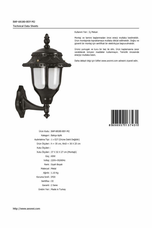 Bahçe Aplik E27 12W 30x25cm ABS Siyah Dorbien-BAP-68180-BSY-M2