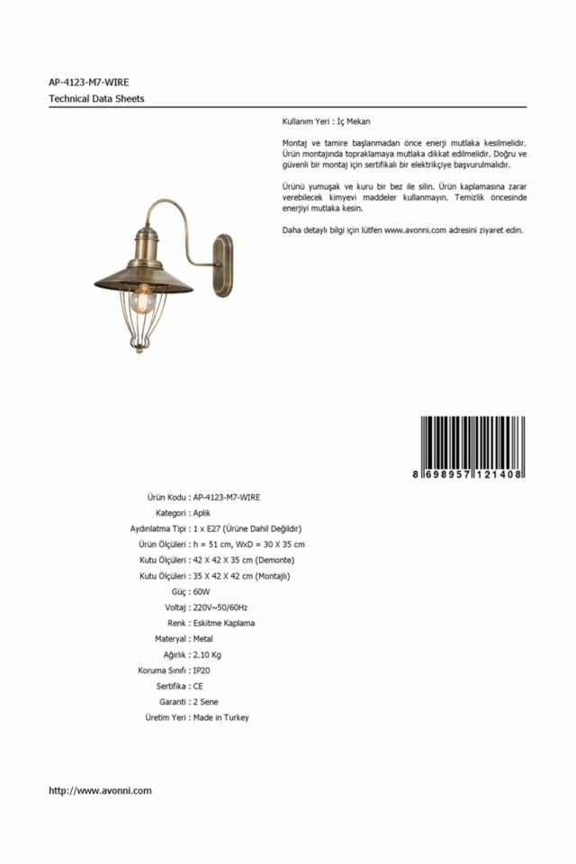 Gardenya Aplik E27 12W 30x35cm Metal Eskitme Avonni-AP-4123-M7-WIRE