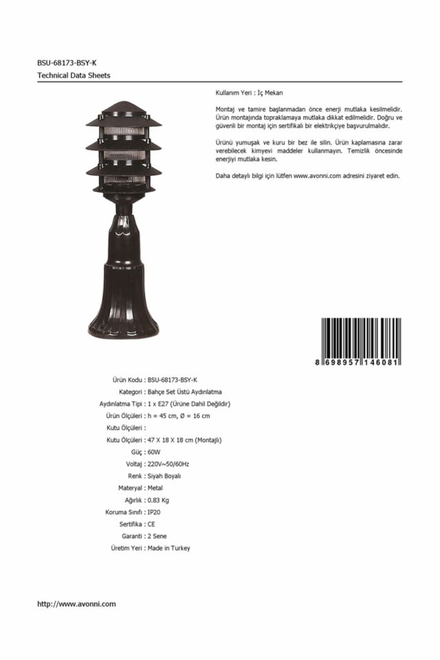 Bahçe Set Üstü Aydınlatma E27 12W 16cm ABS Siyah Dorbien-BSU-68173-BSY-K