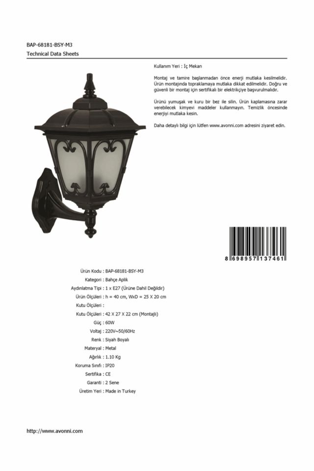 Bahçe Aplik E27 12W 25x20cm ABS Siyah Dorbien-BAP-68181-BSY-M3