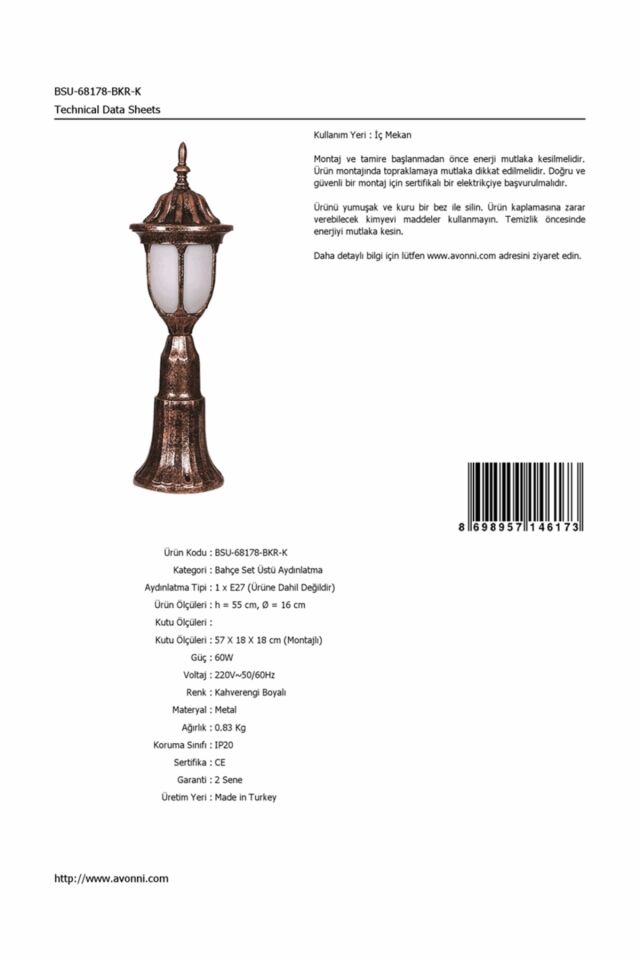 Bahçe Set Üstü Aydınlatma E27 12W 16cm ABS Kahverengi Dorbien-BSU-68178-BKR-K