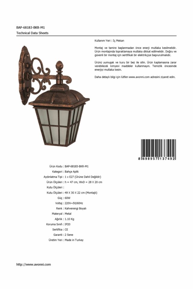 Bahçe Aplik E27 12W 28x20cm ABS Kahverengi Dorbien-BAP-68183-BKR-M1