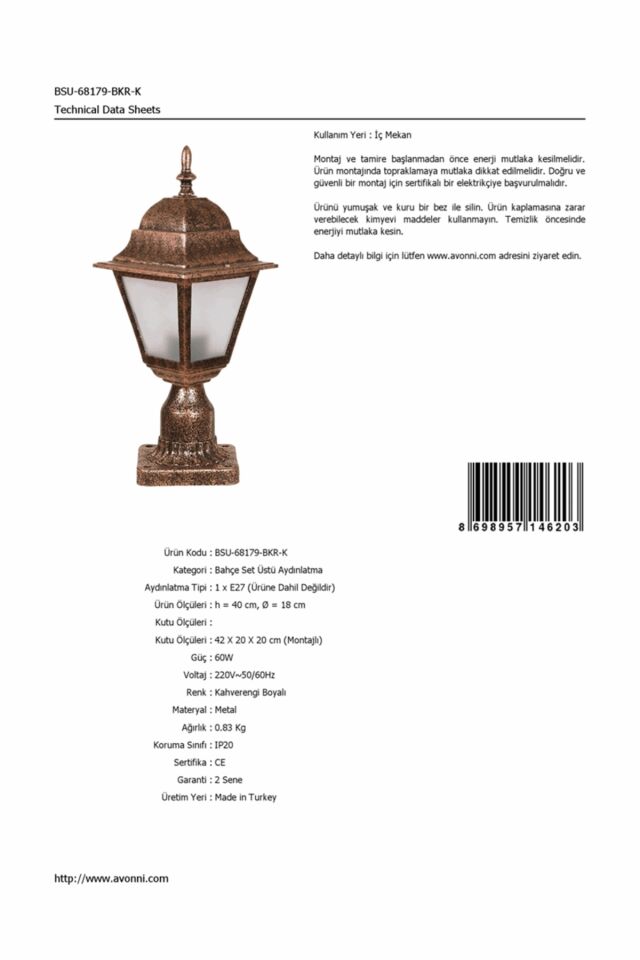 Bahçe Set Üstü Aydınlatma E27 12W 18cm ABS Kahverengi Dorbien-BSU-68179-BKR-K
